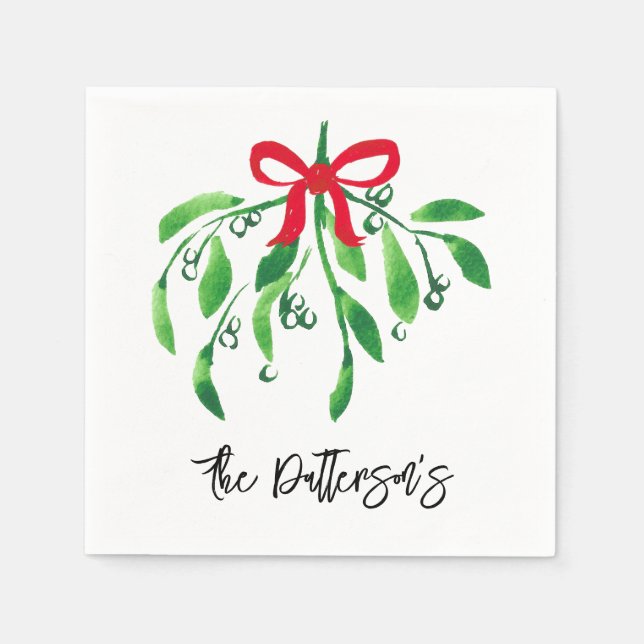 Serviette En Papier Mistletoe Couple Nom Festif Rouge Vert Kiss (Devant)