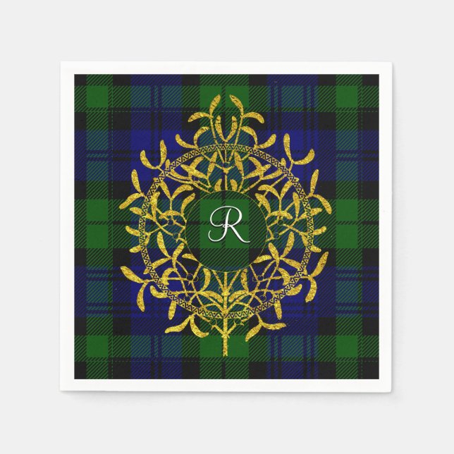 Serviette En Papier Mistletoe Or Monogramme Plaid Blackwatch (Devant)