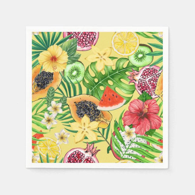 Serviette En Papier Mix-fruit tropical, fleurs et feuilles sur jaune (Devant)