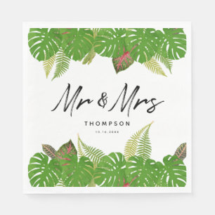 Serviette En Papier Mme Modern Tropical Feuille Script Mariage