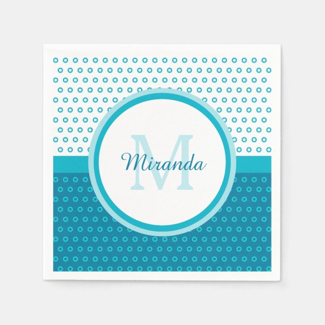 Serviette En Papier Mod Turquoise Blue à pois monogramme avec nom (Devant)