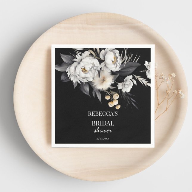 Serviette En Papier Modèle de douche de mariée bohème sombre en noir e (Black and white moody boho bridal shower template napkins personalized bridal shower tableware)