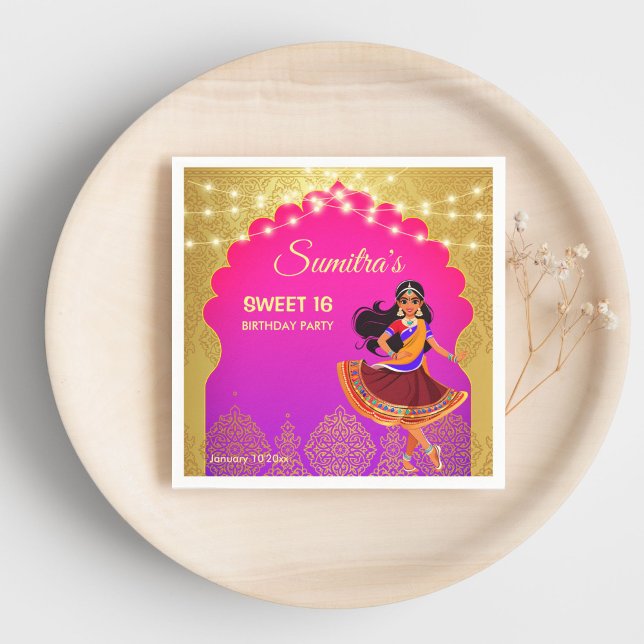 Serviette En Papier Modèle de fête d'anniversaire des filles de Bollyw (Indian Bollywood girls birthday party template printed Napkins cute cartoon pink and gold party )