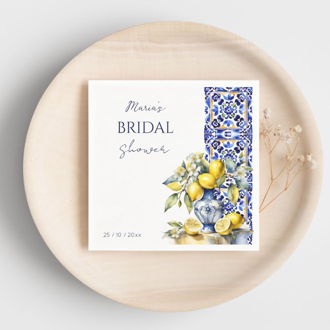 Serviette En Papier Modèle de mariage en bleu italien d'Amalfi avec ca (Amalfi Italian Vietri blue tiles lemons bridal shower template Napkins personalized tableware decor)