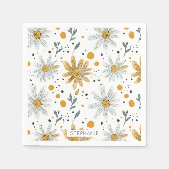 Serviette En Papier Modèle floral blanc et jaune (Devant)
