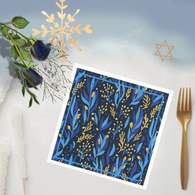 Serviette En Papier Modèle floral bleu marine joyeuse Hanoukka (Navy Blue Floral Pattern Happy Hanukkah Napkins)