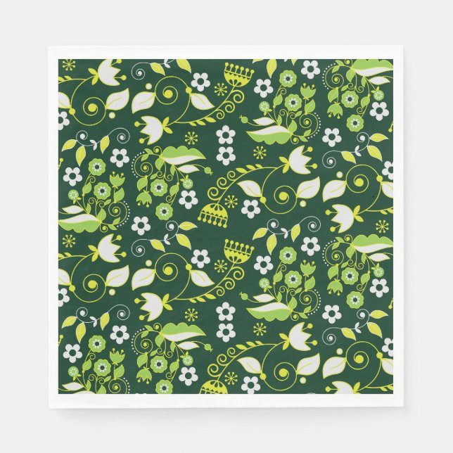 Serviette En Papier Modèle floral scandinave moderne vert foncé (Devant)