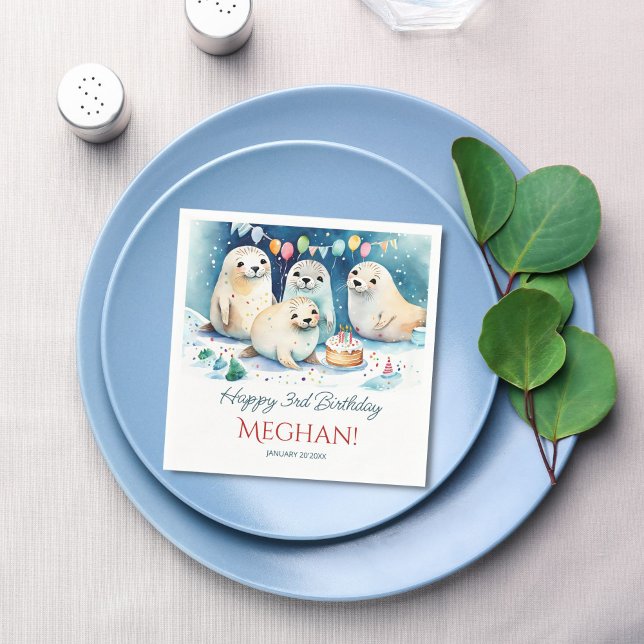 Serviette En Papier Modèle personnalisé pour l'anniversaire d'hiver du (Arctic seal winter wonderland birthday party personalized napkins template customizable table decor)