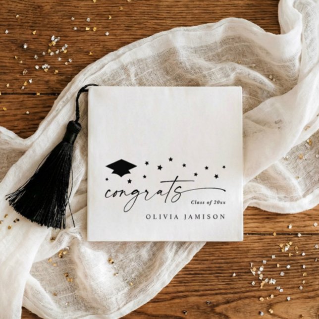 Serviette En Papier Modern Black and White Class of 2026 Graduation (Black and white personalized graduation napkins with script congrats, stars, class of 2026)