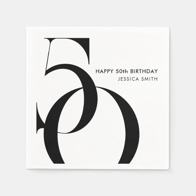 Serviette En Papier Modern Black and White Minimalist 50th Birthday (Devant)