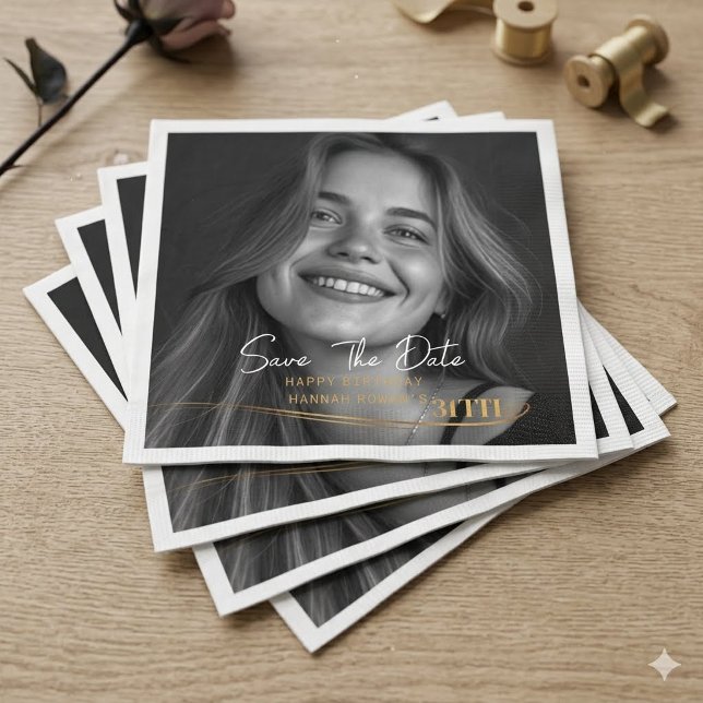 Serviette En Papier Modern Black and White Photo 21st Birthday Save th (Créateur téléchargé)