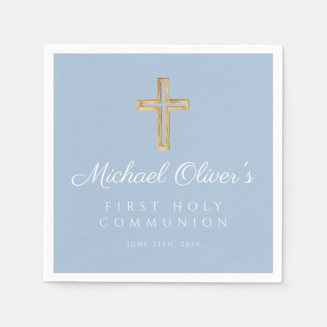 Serviette En Papier Modern Blue Cross Boy First Communion  (Devant)