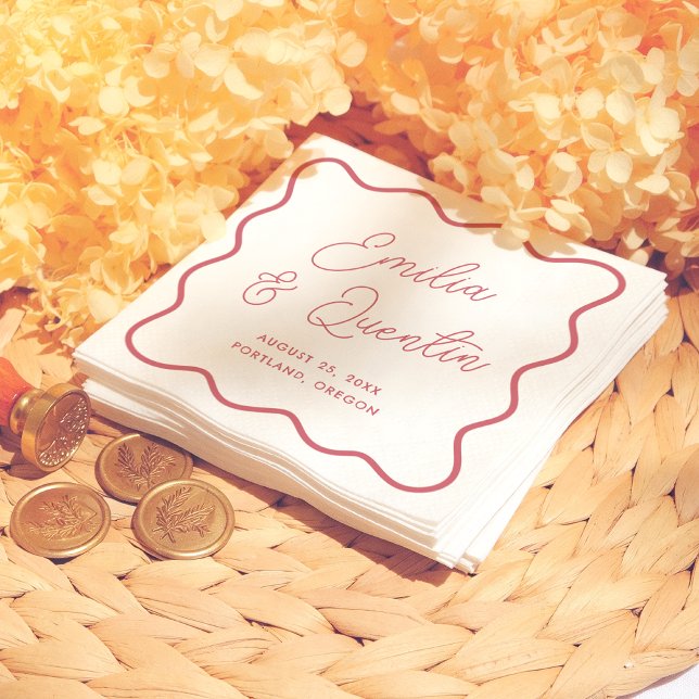 Serviette En Papier Modern Bold Red Wavy Frame Retro Wedding (Créateur téléchargé)