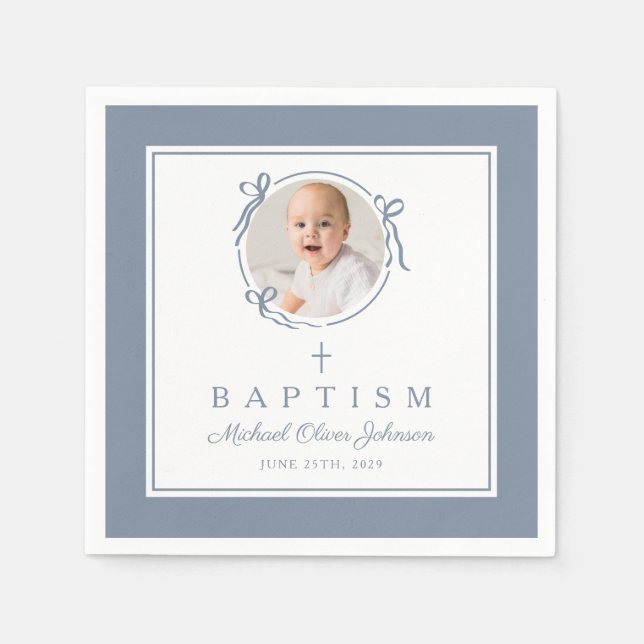 Serviette En Papier Modern Dusty Blue Religius Cross Boy Baptism (Devant)