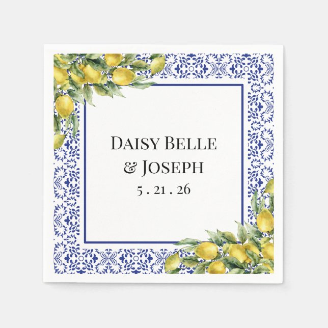 Serviette En Papier Modern Mediterranean Lemon Blue Mosaic Wedding (Devant)