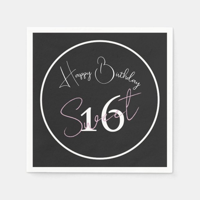 Serviette En Papier Modern Minimalist 16th Black White Pink Birthday (Devant)