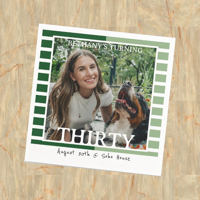 Serviette En Papier Modern Minimalist Striped 30th Birthday Photo (Celebrate the beginning of a new decade with this Modern Minimalist Striped 30th Birthday Napkin!)