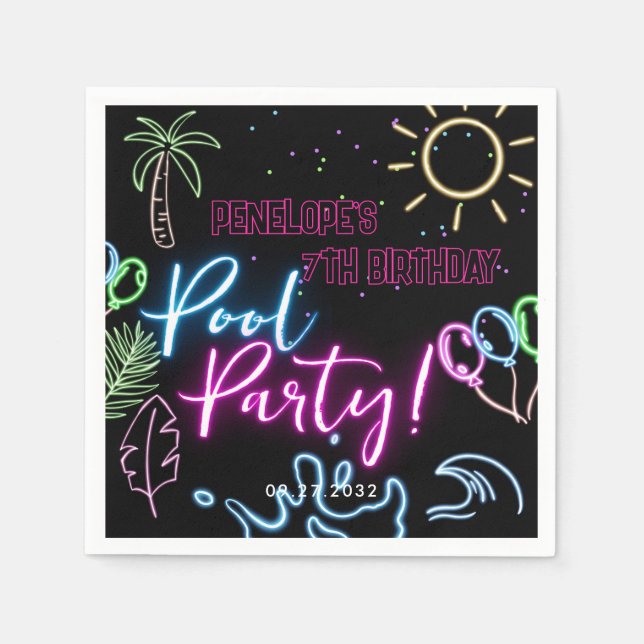 Serviette En Papier Modern Neon Glow Black Pool Party Birthday (Devant)