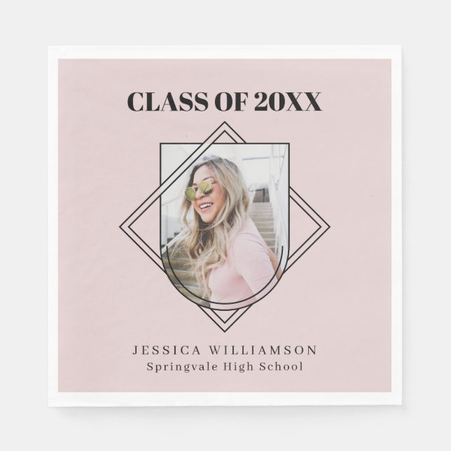 Serviette En Papier Modern Pink Geo Photo Graduation Party (Devant)