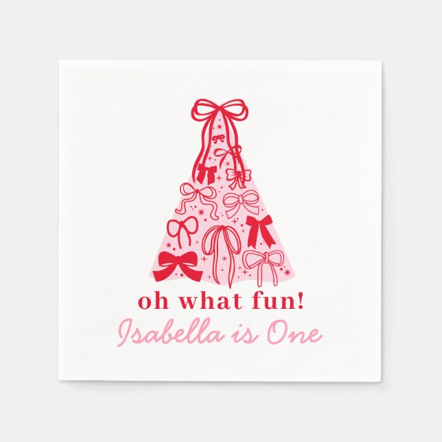 Serviette En Papier Modern Pink Red Tree Bow 1st Birthday (Devant)
