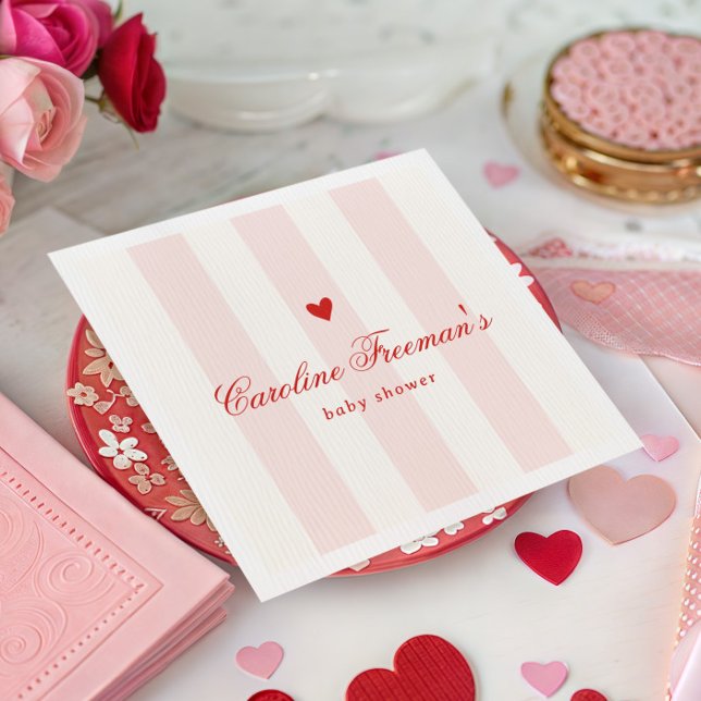 Serviette En Papier Modern Pink Stripe Heart Valentine Baby Shower (Créateur téléchargé)