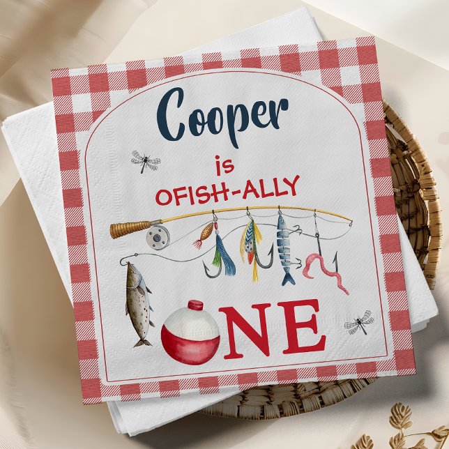 Serviette En Papier Modern Red Gingham Ofishally One 1st Birthday  (Fishing themed O-fish-ally 1st birthday party Napkins,
Ofish-ally One 1st Birthday Paper Napkin,)
