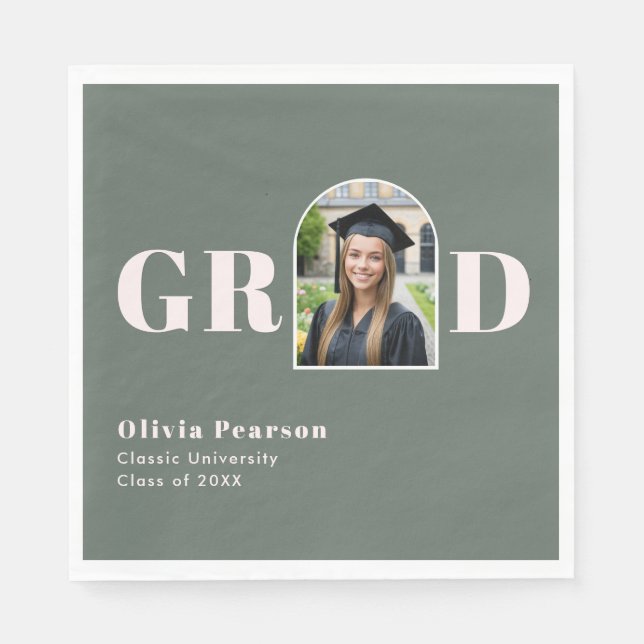 Serviette En Papier Modern Sage Green Pink Arch Photo Graduation (Devant)