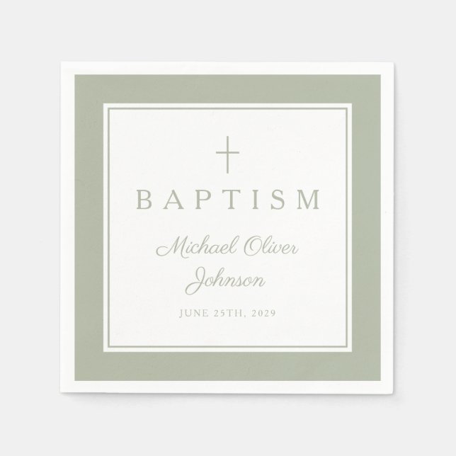 Serviette En Papier Modern Sage Green Religious Cross Boy Baptism (Devant)