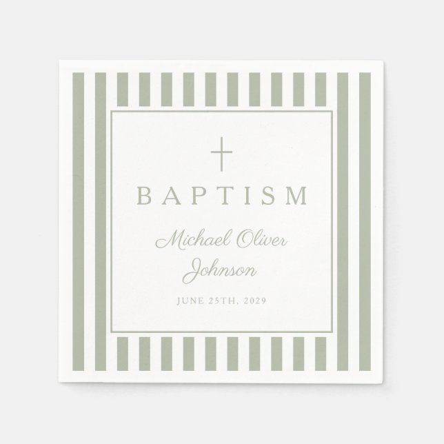 Serviette En Papier Modern Sage Green Religius Cross Boy Baptism (Devant)