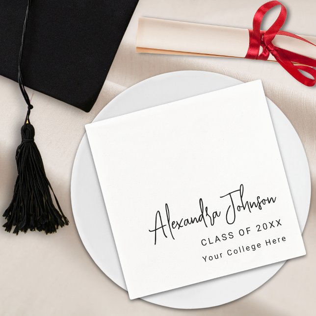 Serviette En Papier Modern Script Simple Graduation Party (Modern trendy script graduation party napkin Minimalist simple stylish chic black and white)