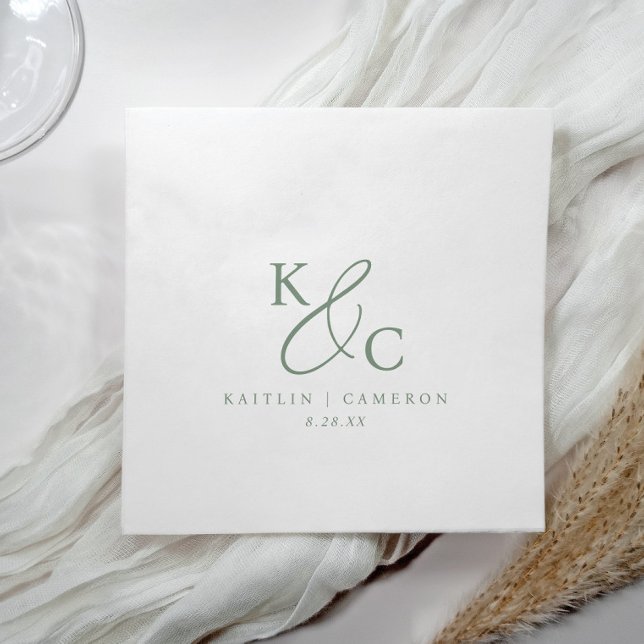 Serviette En Papier Modern Simple Monogram Sage Green Wedding (Elegant sage green wedding logo / monogram napkins in a simple modern design.)