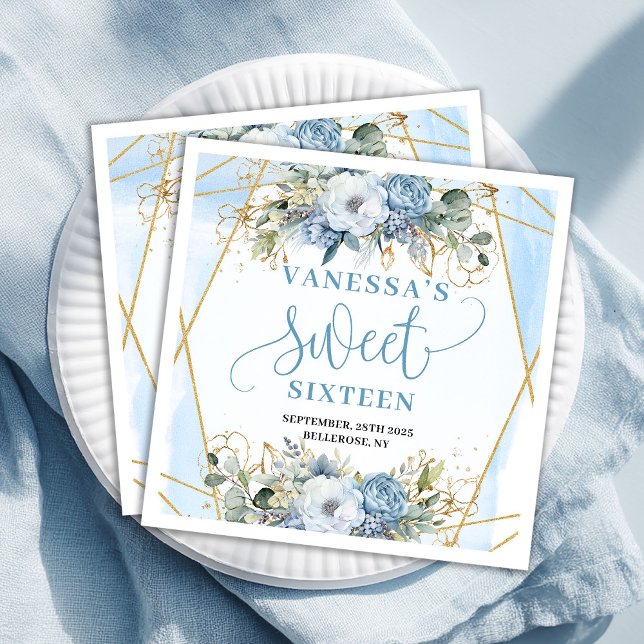 Serviette En Papier Modern Sweet 16th Dusty Blue Greenery Table Napkin (Modern Sweet 16th Dusty Blue Greenery Table Napkins)