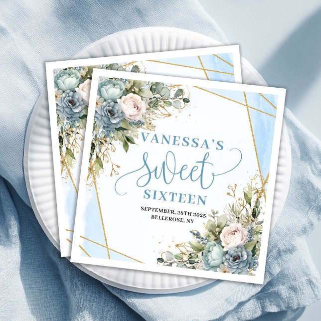 Serviette En Papier Modern Sweet Sixteen Blue Floral Gold Glitter  (Modern Sweet Sixteen Blue Floral Gold Glitter Paper Dinner Napkins)