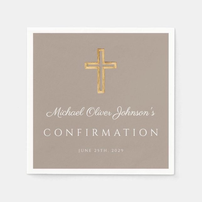 Serviette En Papier Modern Taupe Religious Cross Boy Confirmation (Devant)