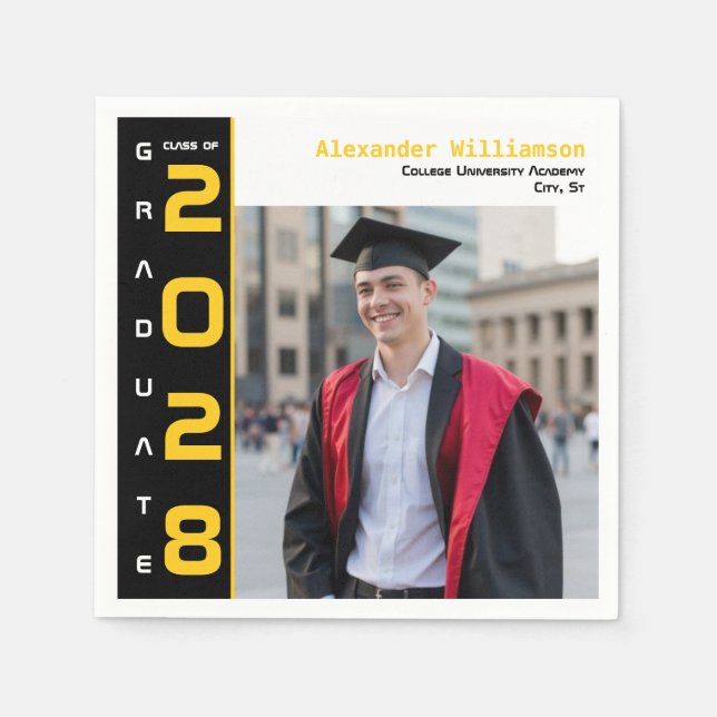 Serviette En Papier Modern Yellow Black  White Photo Graduation Party (Devant)