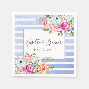 Serviette En Papier Moderne Aquarelle Florale Mariage Rayure Marine