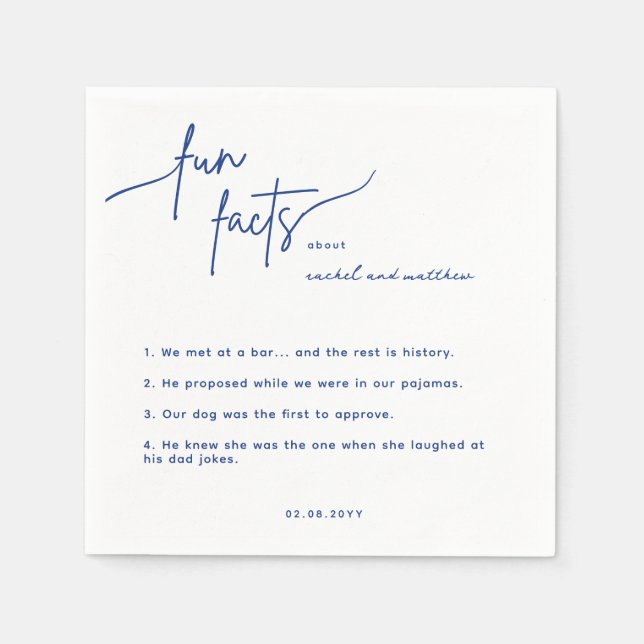 Serviette En Papier Moderne Bleu Script amusant Faits Mariage Napkins (Devant)