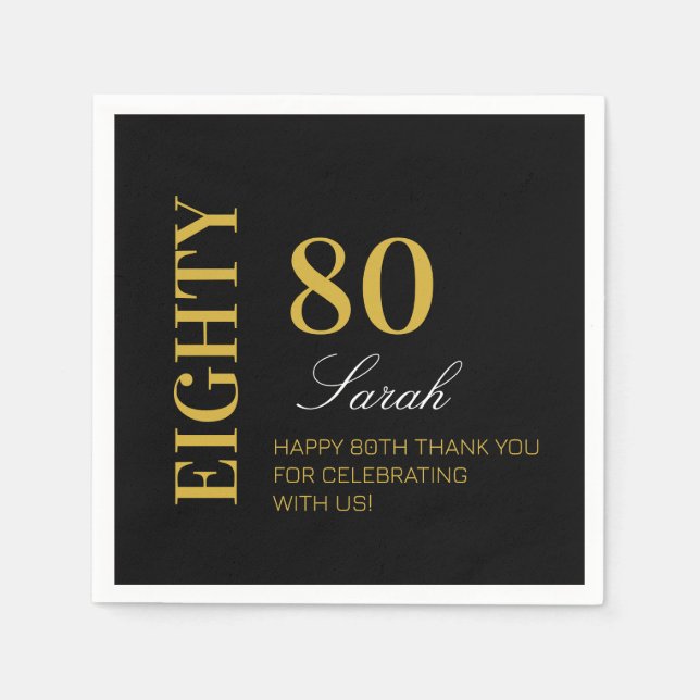 Serviette En Papier Moderne Chic Black Gold 80e fête d'anniversaire (Devant)