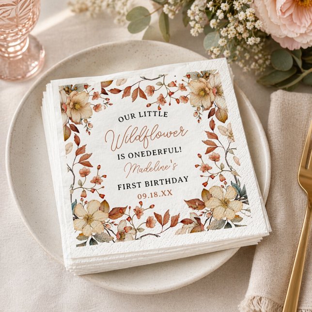 Serviette En Papier  Moderne Chic Fleur Sauvage Script 1er Anniversair (Modern Chic Wildflower Script 1st Birthday Girl Napkins)