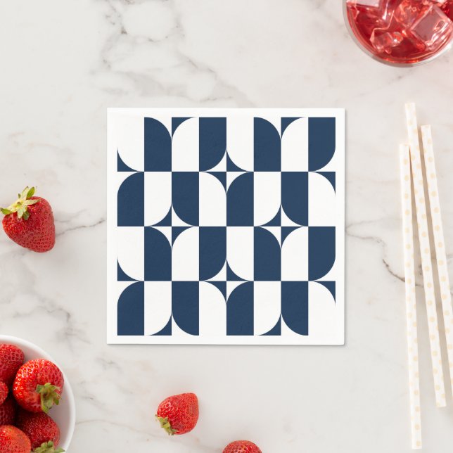 Serviette En Papier Moderne du milieu du siècle bleu et blanc (En situation)