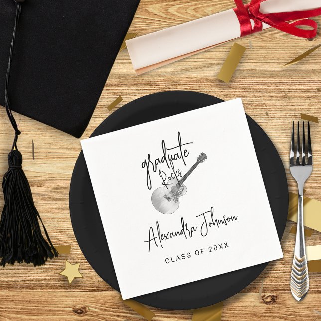 Serviette En Papier Moderne Écriture Tendance Guitare Fête de Remise d (Modern trendy black and white rustic country guitar music themed graduation party custom napkin)