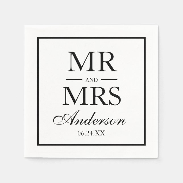 Serviette En Papier Moderne Elegant M. et Mme Mariage BW (Devant)