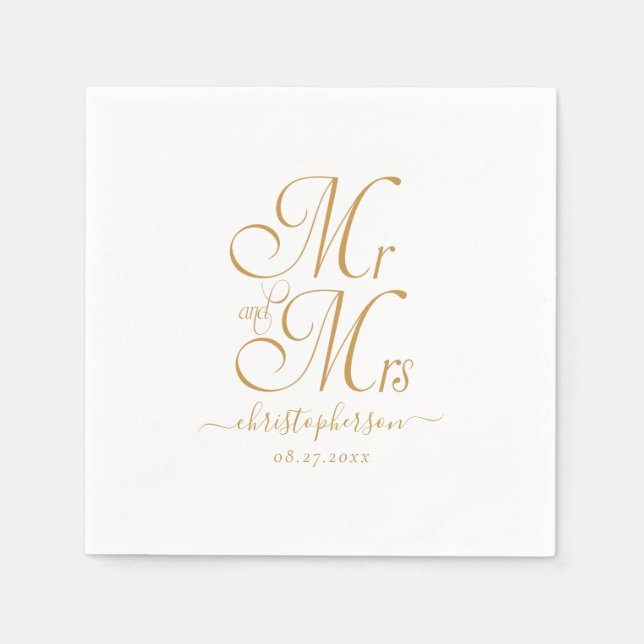 Serviette En Papier Moderne Elegant M. et Mme Mariage de script Gold (Devant)