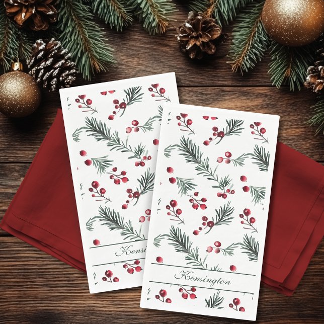 Serviette En Papier Moderne Élégant Noël Botanique Personnalisé (Modern Elegant Christmas Botanical Personalized Paper Guest Towels)