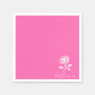 Serviette En Papier Moderne Élégant Rose Chaud Et Nom Personnalisé Ros