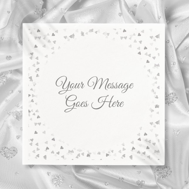 Serviette En Papier Moderne élégant script coeurs argent confettis (Modern Elegant Script Silver Hearts Confetti Napkins)