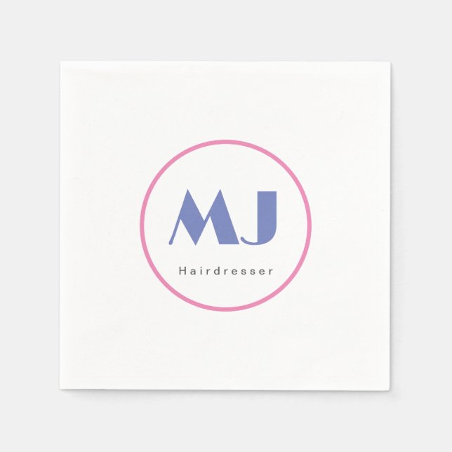 Serviette En Papier Moderne et élégant Monogramme Bleu Coiffeur blanc (Devant)