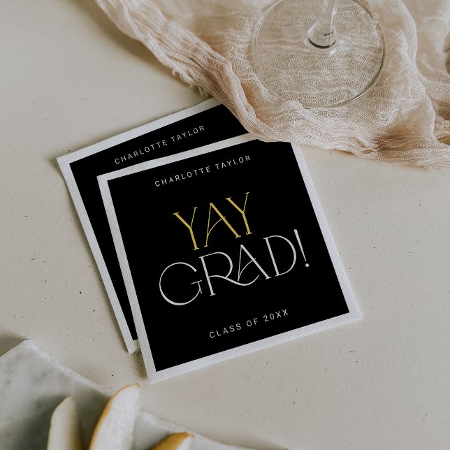 Serviette En Papier Moderne Fete Black Gold Yay Graduation (Créateur téléchargé)