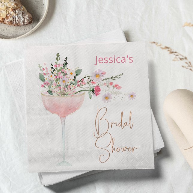 Serviette en papier Moderne Fête de Mariage Fleurs (Modern Watercolor Champagne Glass Wildflowers Bridal Shower Paper Napkin, Bridal Shower Napkin)