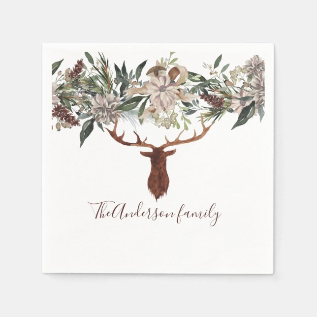 Serviette En Papier Moderne feuillage fleuri rustique vacances de cerf (Devant)